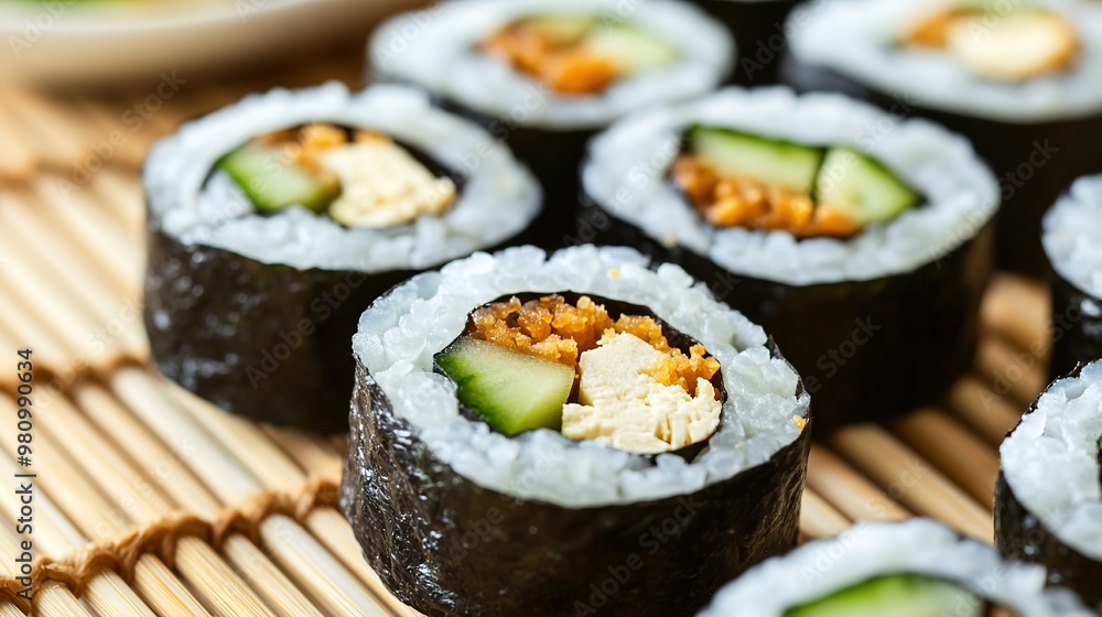 Fresh sushi rolls with cucumber on bamboo mat Fresh sushi rolls with cucumber on bamboo mat