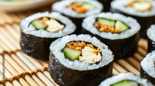 Fresh sushi rolls with cucumber on bamboo mat