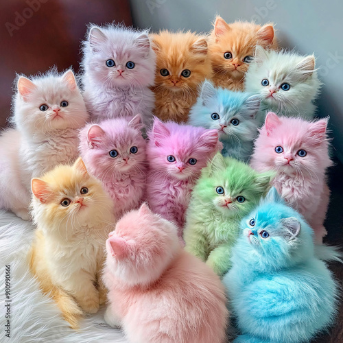 rainbow of cute fluffy cats, colorful cats