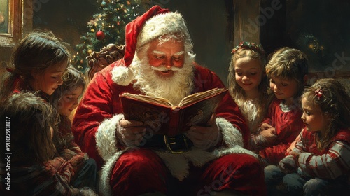 Heartwarming Christmas Scene: Santa Claus Reading Enchanted Children a Festive Story