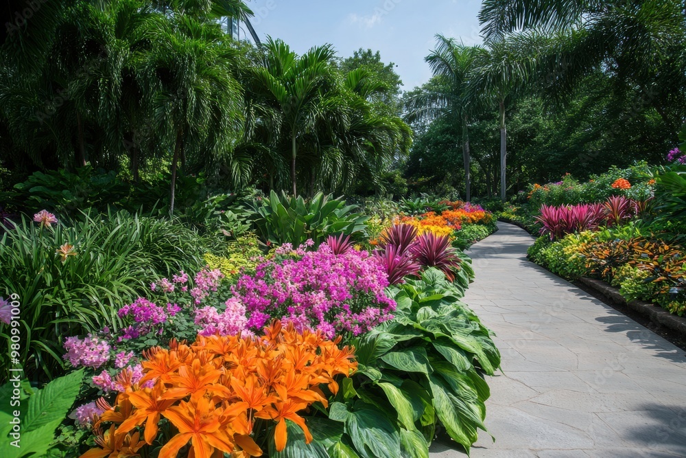 A vibrant display of exotic flora at a botanical garden A vibrant display of exotic flora at a botanical garden