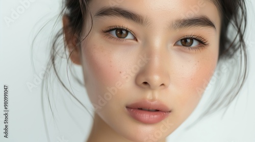 A beautiful Asian woman with clear skin and delicate facial features, natural-looking makeup.