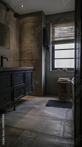 A modern small bathroom in Dutch apartment featuring sleek black vanity, concrete walls, and stylish decor. space exudes minimalist yet cozy atmosphere