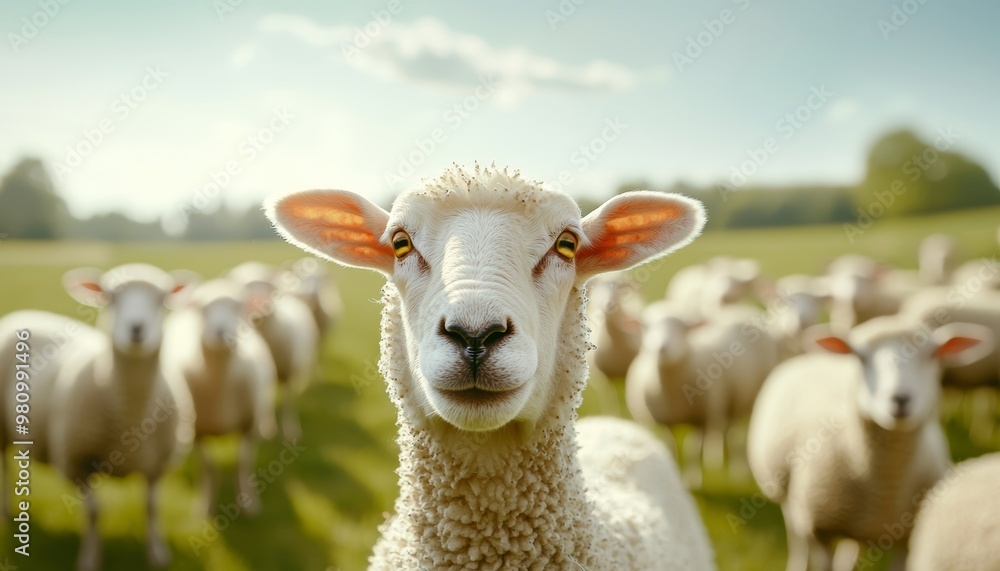 Obraz premium A peaceful flock of sheep scattered across a sunny field, with one sheep looking directly into the camera, capturing the essence of rural serenity.