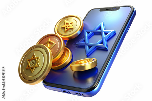 3D Glossy Smartphone with Holographic Hanukkah Coins & Star of David - Modern Device Design on White Background with Ample Copy Space photo