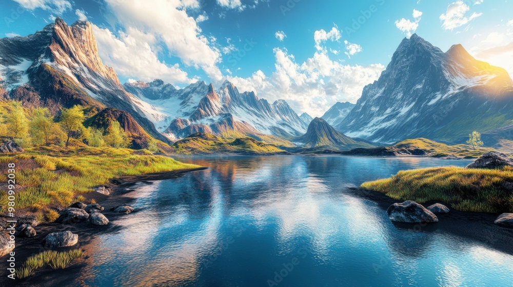 Fototapeta premium A 3D-rendered landscape with majestic mountains and serene rivers, creating a sense