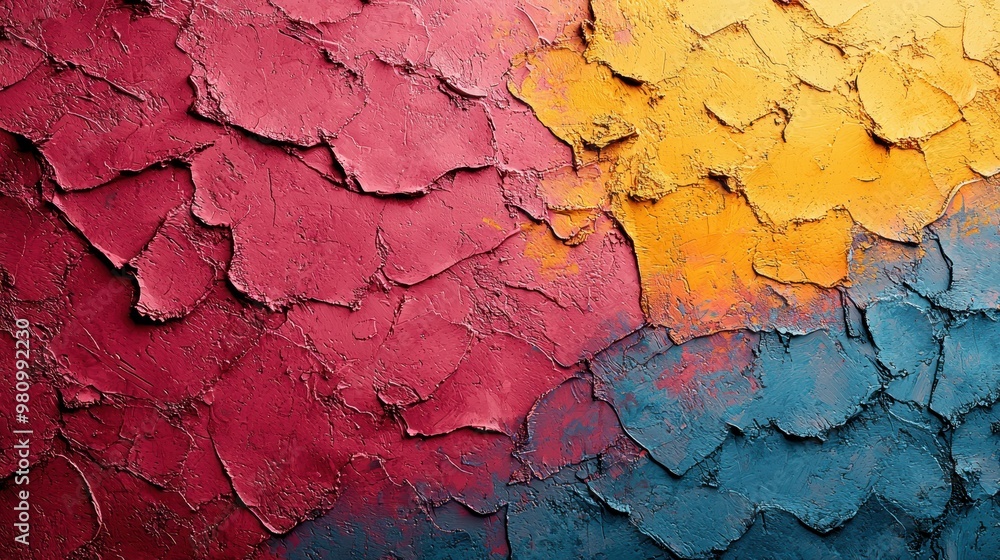 Widescreen composition of a modern, stucco-textured wall with vibrant, dyed patterns, Widescreen composition of a modern, stucco-textured wall with vibrant, dyed patterns,