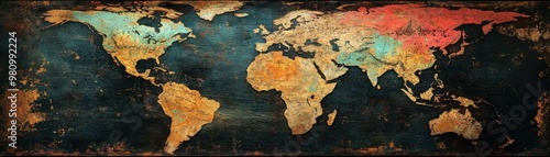 Panoramic view of a stained weathered map charting the global expansion of a thriving business, photo