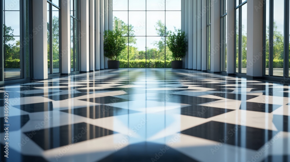 Modern building lobby with large windows, black and white tiled floor, and green plants, illuminated by natural daylight. Modern building lobby with large windows, black and white tiled floor, and green plants, illuminated by natural daylight.
