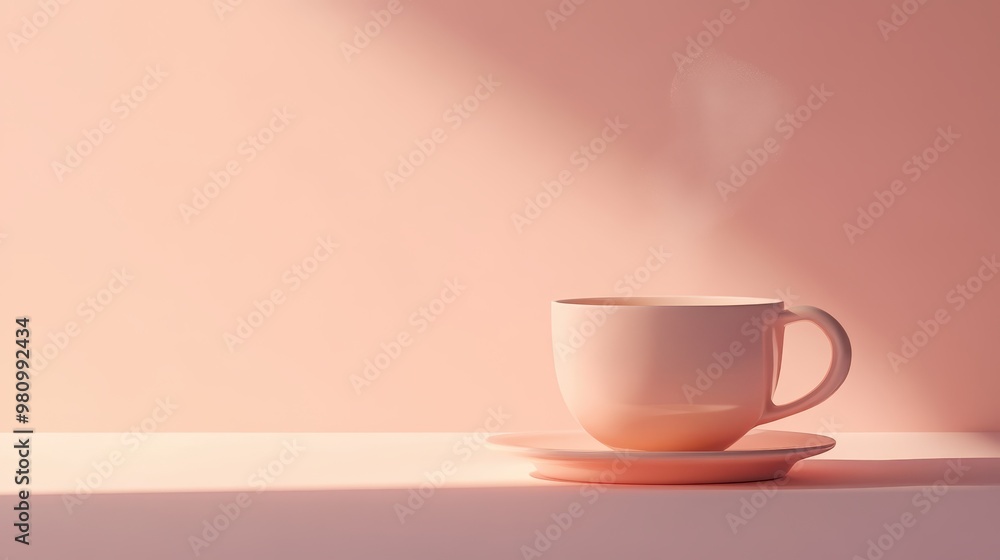 Coffee cup with steam, minimalist table setup, 3D illustration Coffee cup with steam, minimalist table setup, 3D illustration