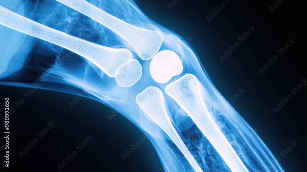 X-ray of a human knee showing joint inflammation and swelling, joint ...