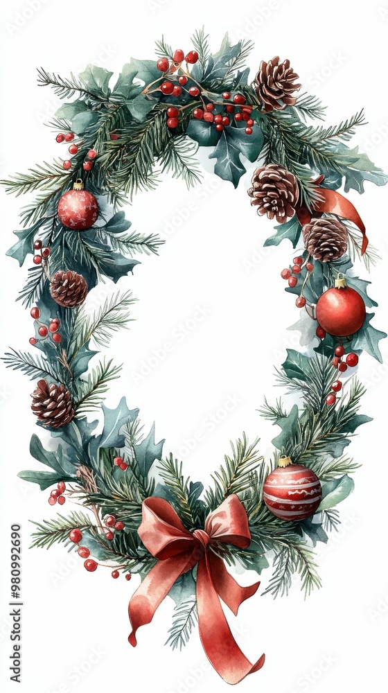 © fourtakig - Vertical frame of a festive wreath adorned with ribbons, ornaments, and evergreen sprigs © fourtakig - Vertical frame of a festive wreath adorned with ribbons, ornaments, and evergreen sprigs