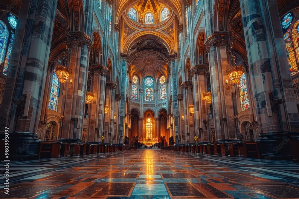 Fototapeta premium A breathtaking interior view of a grand cathedral, showcasing towering columns, intricate stained glass windows, and a magnificently detailed ceiling illuminated by warm lighting