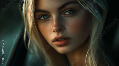 Beautiful blonde woman outdoor portrait on evening light