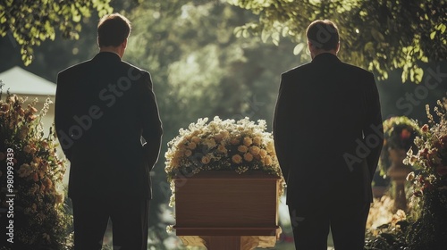 Funeral ceremony with two men in dark suits standing next to a flower-decorated light-colored wooden coffin, reflecting solemnity and respect photo