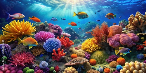 Vibrant tropical coral reef teeming with colorful marine life, tropical, coral reef, underwater, marine life, vibrant, colorful