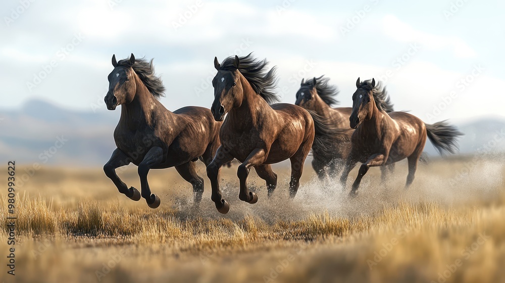 Wild horses running across a field, dynamic movement, 3D illustration Wild horses running across a field, dynamic movement, 3D illustration