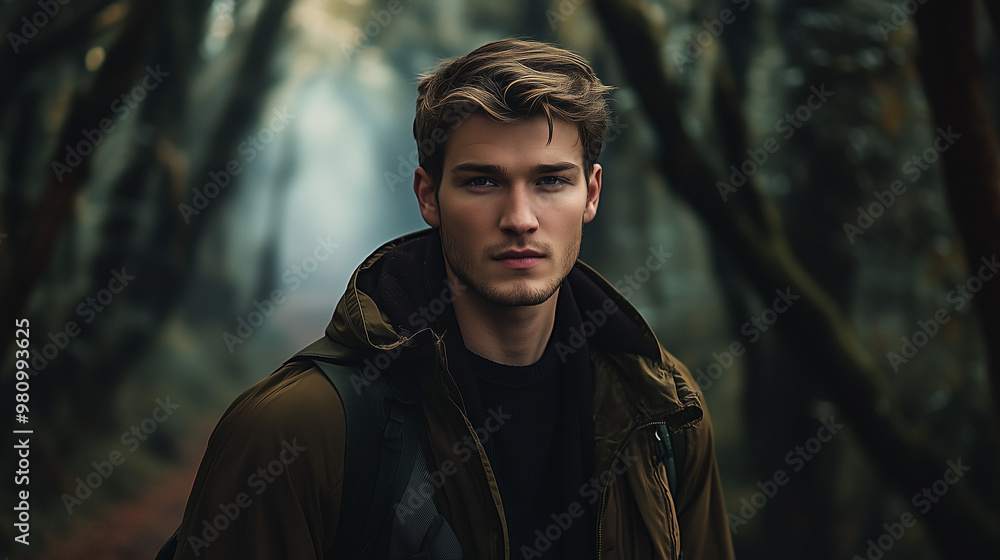 Young man tourist in autumn forest Young man tourist in autumn forest