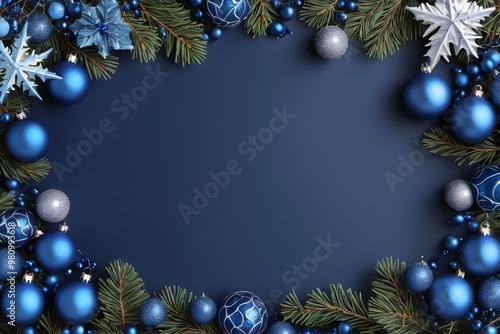 Christmas frame with festive balls and fir branches on a blue background, featuring empty space for text photo