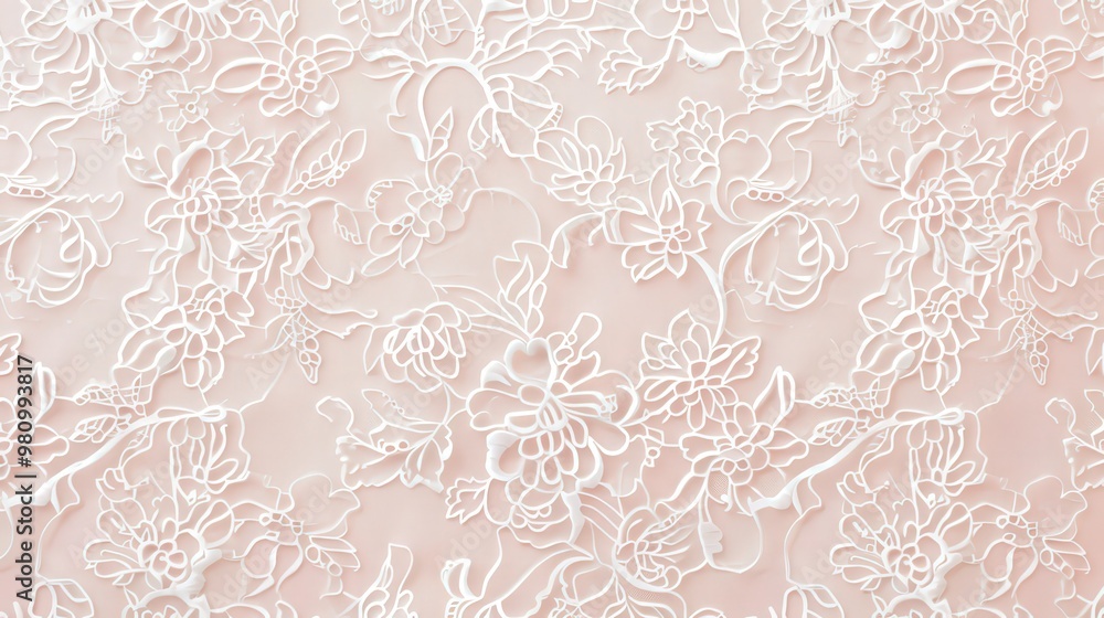 This background design showcases a delicate and intricate lace pattern in soft white on a pastel pink base. This background design showcases a delicate and intricate lace pattern in soft white on a pastel pink base.