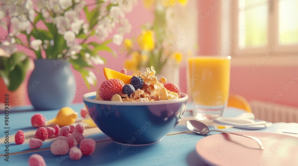 Healthy breakfast bowl, bright table setup, 3D illustration Healthy breakfast bowl, bright table setup, 3D illustration