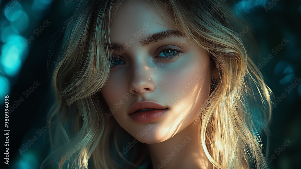 Sensual portrait of young blonde woman with blue eyes on dark background Sensual portrait of young blonde woman with blue eyes on dark background