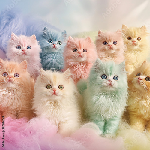 rainbow of cute fluffy cats, colorful cats