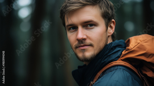 Young man tourist in autumn forest