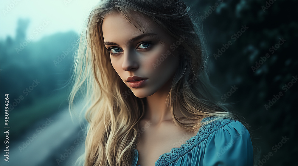 Sensual portrait of young blonde woman with blue eyes on dark background Sensual portrait of young blonde woman with blue eyes on dark background