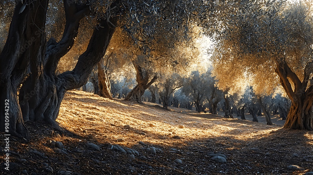 A panoramic view of an olive garden under the warm sun
A panoramic view of an olive garden under the warm sun
