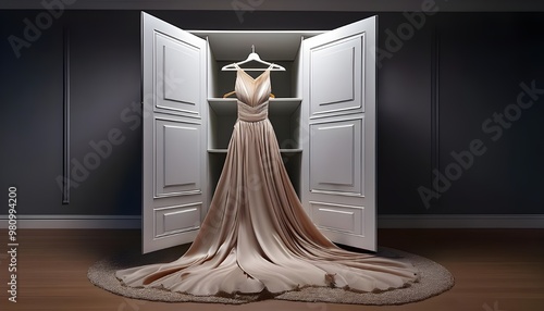 Dresses: Show a dress cascading down from a wardrobe, unfurling as it falls.