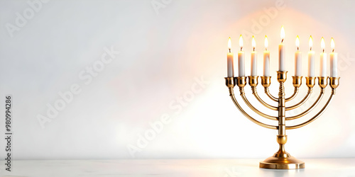 Elegant Hanukkah Menorah and Candles Silhouette on Plain White Background - Minimalist Photo Stock Concept for Festive Promotions