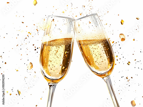 Wallpaper Mural Flat Macro Illustration of New Year Toast: Two Champagne Glasses Clinking with Bubbles, Capturing Joyful Celebration and Sparkling Reflections Torontodigital.ca