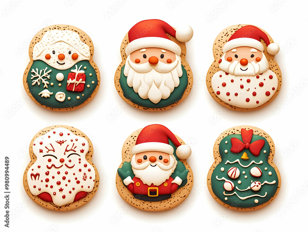 Fototapeta premium Futuristic Santa Cookies: Vibrant Flat Vector Illustrations of Modern Holiday Treats with Intricate Patterns and Whimsical Designs