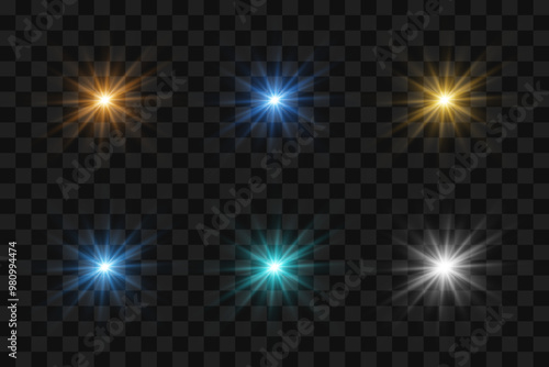 Set of light flares. Flash of stars and rays. On a transparent background. Vector illustration.