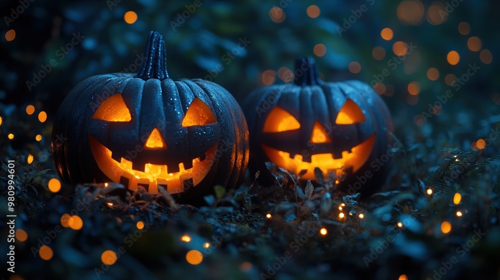 Two illuminated jack-o'-lanterns with carved smiling faces glowing in the dim, atmospheric lighting during a Halloween night in a garden setting Two illuminated jack-o'-lanterns with carved smiling faces glowing in the dim, atmospheric lighting during a Halloween night in a garden setting
