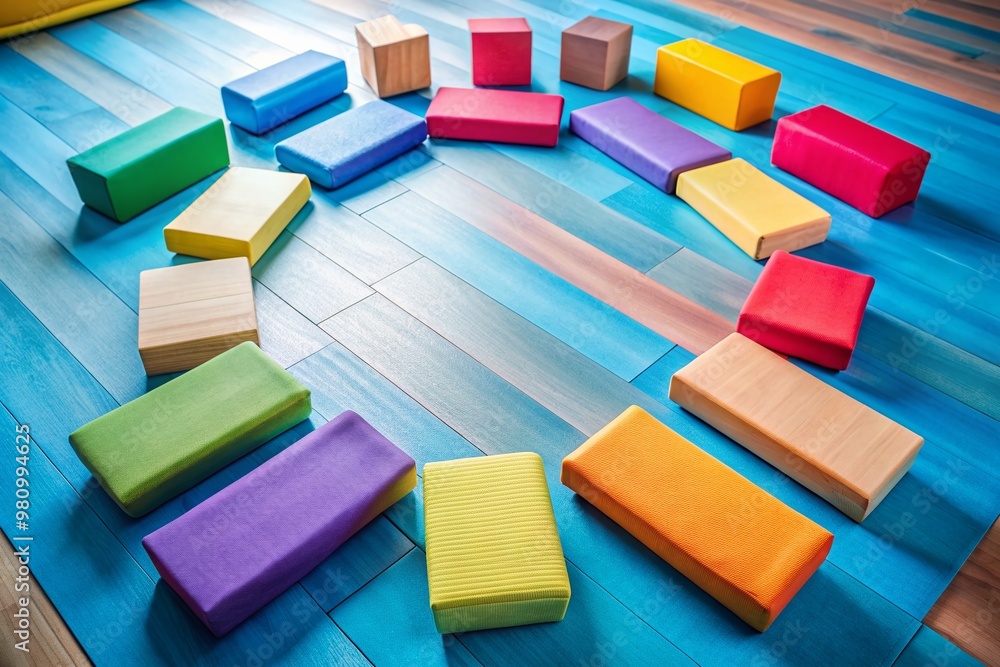 Colorful yoga mats and wooden blocks are arranged in a circle on a bright blue floor, ready for a fun kids' yoga class to begin. Colorful yoga mats and wooden blocks are arranged in a circle on a bright blue floor, ready for a fun kids' yoga class to begin.