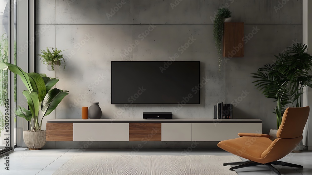Modern living room with minimalist design featuring a TV, plants, and a cozy chair. Modern living room with minimalist design featuring a TV, plants, and a cozy chair.