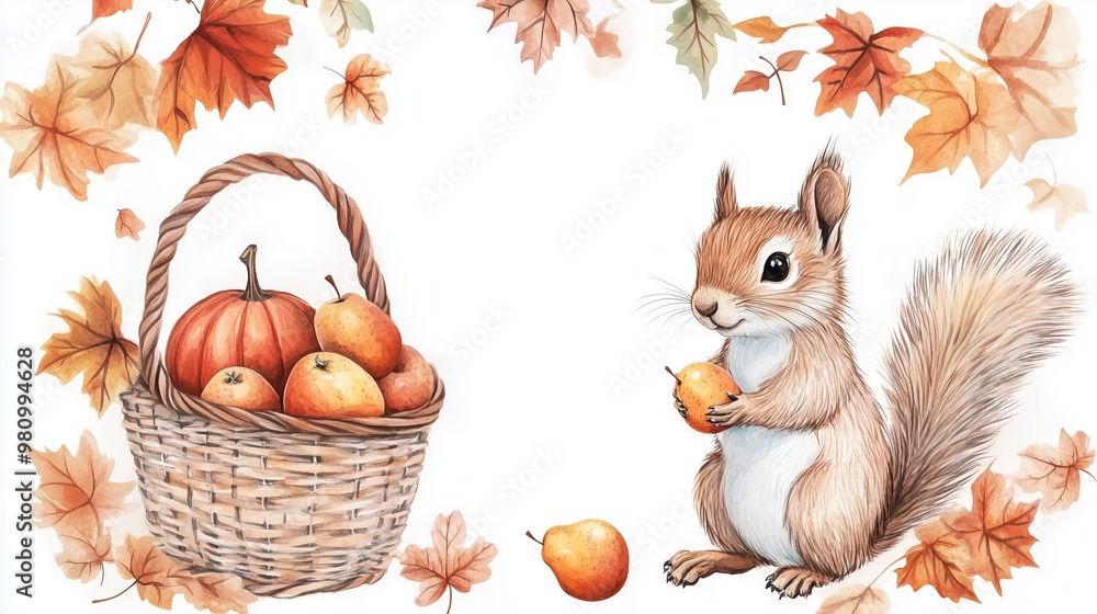 Fototapeta premium Squirrel gathering apples in basket, sitting among autumn leaves, vibrant fall scene concept