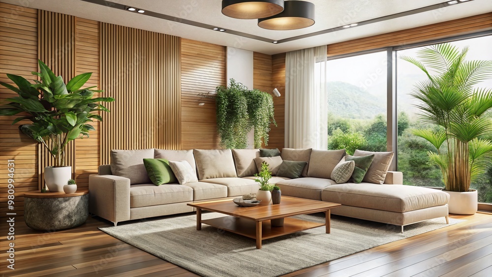 Soothing minimalist living room with natural wood accents, plush sectional sofa, and calming greenery, promoting Soothing minimalist living room with natural wood accents, plush sectional sofa, and calming greenery, promoting