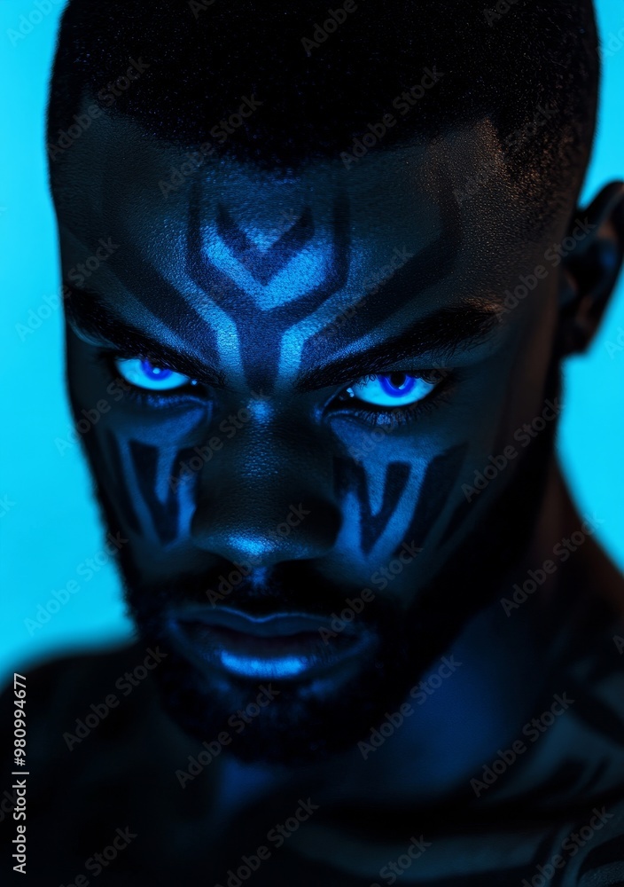 A black male with striking blue eyes, surrounded by natural foliage, with a sense of mysticism, harmony, and mysticism. A black male with striking blue eyes, surrounded by natural foliage, with a sense of mysticism, harmony, and mysticism.