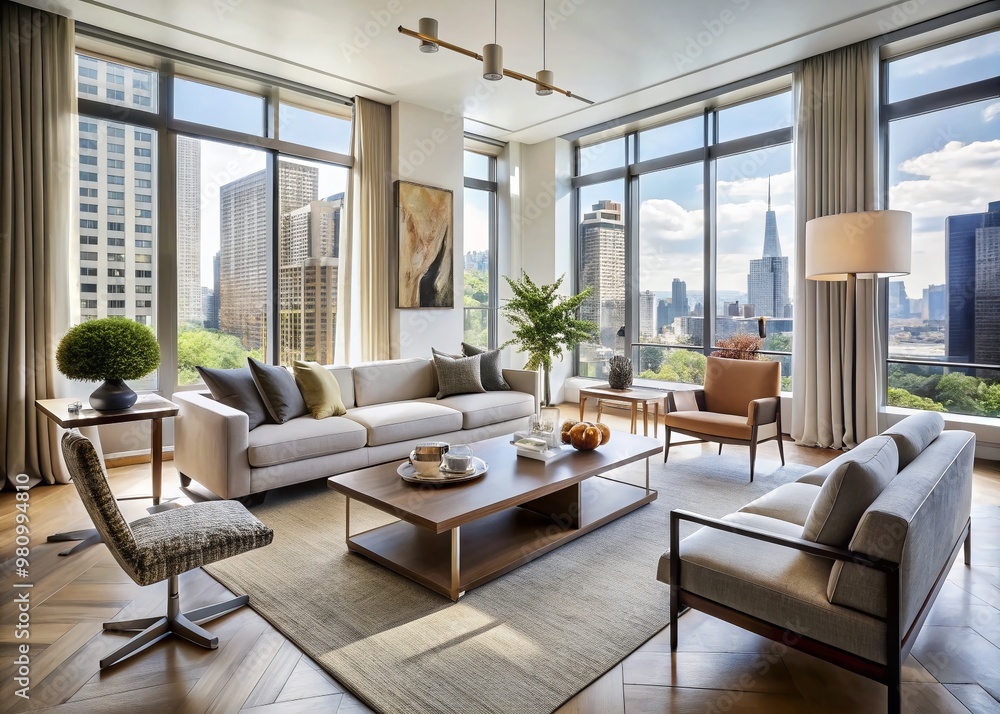 Sophisticated city apartment features sleek lines, modern art, and stylish furnishings in a palette of neutral tones, Sophisticated city apartment features sleek lines, modern art, and stylish furnishings in a palette of neutral tones,