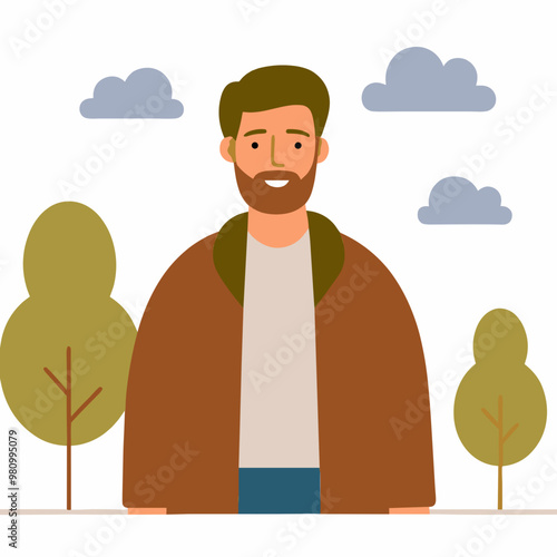 A man with a beard is smiling in front of trees. The sky is cloudy and the trees are green