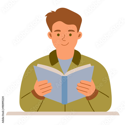 A young man is reading a book with a smile on his face. He is wearing a brown jacket and a blue shirt