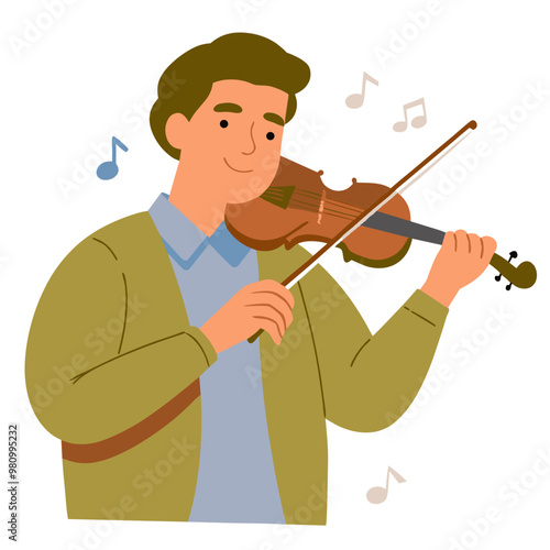 A man is playing a violin with a smile on his face. Concept of joy and happiness, as the man is enjoying himself while playing the instrument