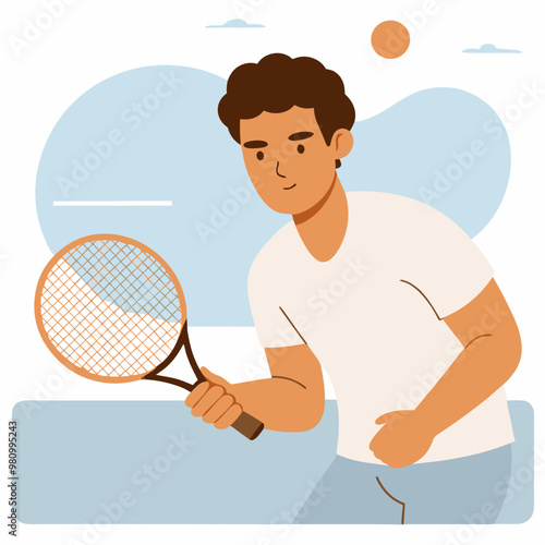 A man is holding a tennis racket and smiling. He is playing tennis on a court. The image has a happy and energetic mood