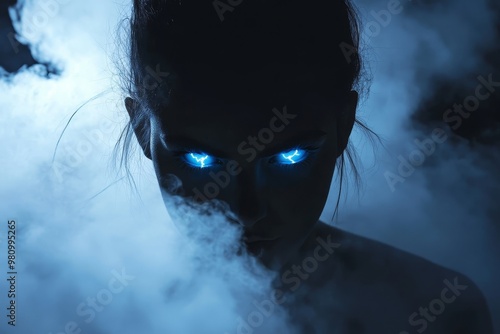 Mysticism, ethereality, and the power of acetylcholine melatonin are symbolized by a glowing woman in blue smoke photo