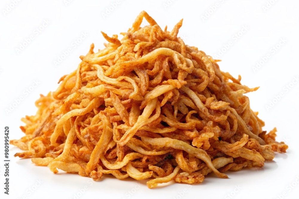 Golden crispy fried onions piled high in a crunchy pyramid, freshly roasted to perfection, isolated on a pure white background in a mouthwatering flat lay. Golden crispy fried onions piled high in a crunchy pyramid, freshly roasted to perfection, isolated on a pure white background in a mouthwatering flat lay.