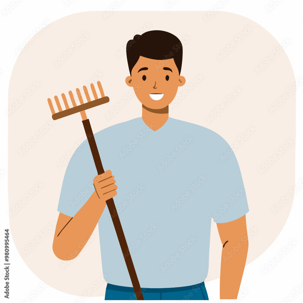 A man is holding a rake and smiling. Concept of happiness and leisure, as the man is enjoying his time outdoors while tending to his yard A man is holding a rake and smiling. Concept of happiness and leisure, as the man is enjoying his time outdoors while tending to his yard