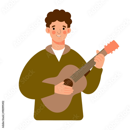 A man is holding a guitar and smiling. He is wearing a brown jacket. The image has a happy and cheerful mood